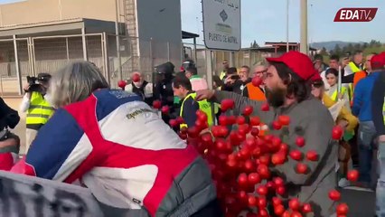 Los agricultores tiran tomates de Marruecos a la policía en Granada