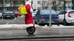 Ded Moroz on an electric unicycle