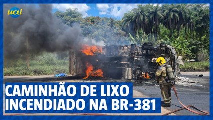 Bombeiros apagam incêndio de caminhão tombado na BR-381, em Sabará