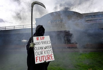 Protestors at Shirehall, Shrewsbury ahead of council decision on the North West Relief Road