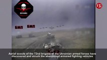 The drone destroys the abondon Russian T-62 tank and armored fighting vehicles