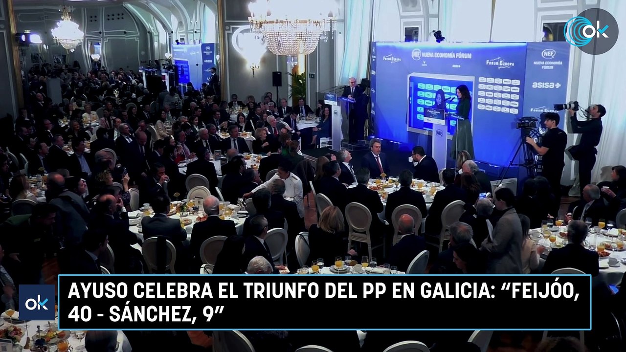 Ayuso celebra el triunfo del PP en Galicia: "Feijóo, 40 - Sánchez, 9"