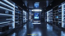 a futuristic luxury retail store with big led screens and holograms,Midjourney prompts