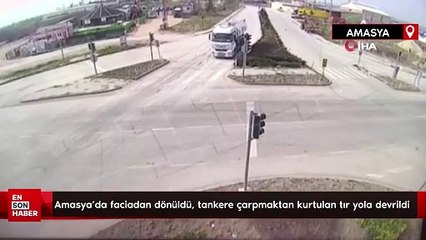 Amasya’da faciadan dönüldü, tankere çarpmaktan kurtulan tır yola devrildi