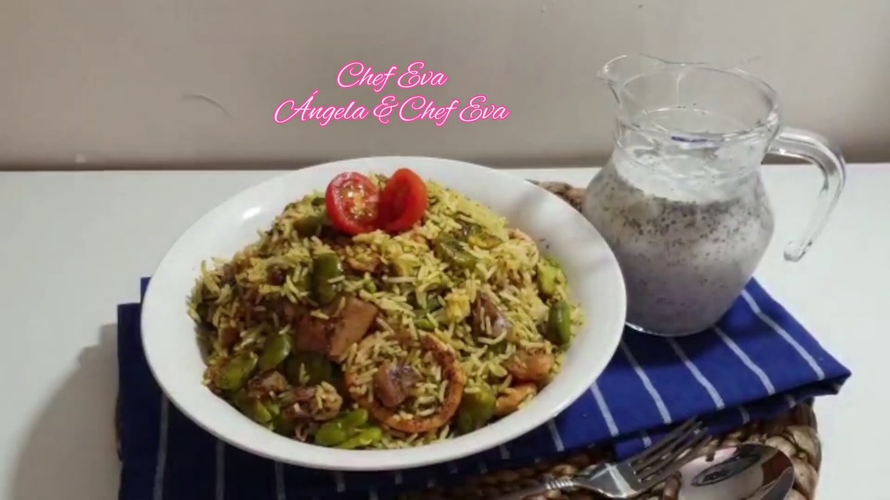 الرز مع الباقلاء والروبيان و الكاليمار وسيبيا  Arroz con frijoles, camarones, calamares y sepia