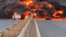 अहमदाबाद-मुंबई एनएच पर बड़ा हादसा, टैंकर के पलटने से लगी भीषण आग, धू-धू कर जली गाड़ी