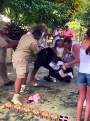 Woman drops her baby, as she gets a monkey off her head