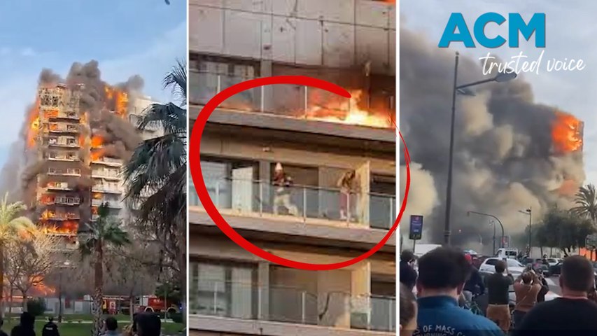 A fire in Valencia, Spain, engulfed two residential buildings, injuring at least seven people, with firefighters rescuing residents trapped on balconies as flames burst from windows of the 14-story building where the blaze started.