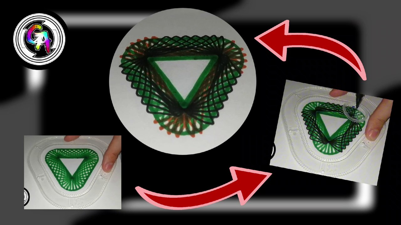 CÓMO DIBUJAR líneas entrelazadas verdes, negras y naranjas, usando un espirógrafo triangular 