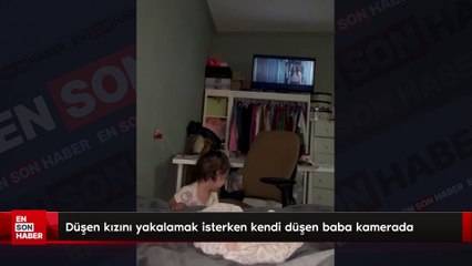 Düşen kızını yakalamak isterken kendi düşen baba kamerada