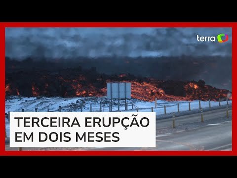 Vulcão volta a entrar em erupção e espalha lava sobre chão congelado na Islândia