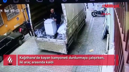 Kağıthane'de kayan kamyoneti durdurmaya çalışırken, iki araç arasında kaldı