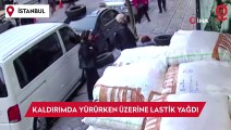 Kaldırımda yürürken üzerine otomobil lastiği yağan kadın faciadan saniyelerle kurtuldu