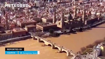 Impressive flooding of the Ebro river in Zaragoza, Spain