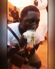 Squashing the soup - he doesn't care!