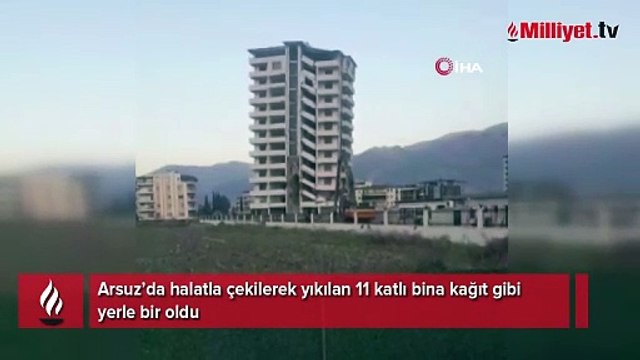 Halatla çekilen 11 katlı bina kağıt gibi yerle bir oldu