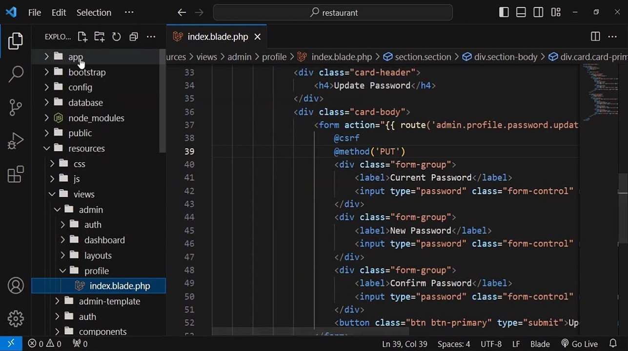 Admin Password Update Feature | E-commerce Restaurant Project in Laravel #18