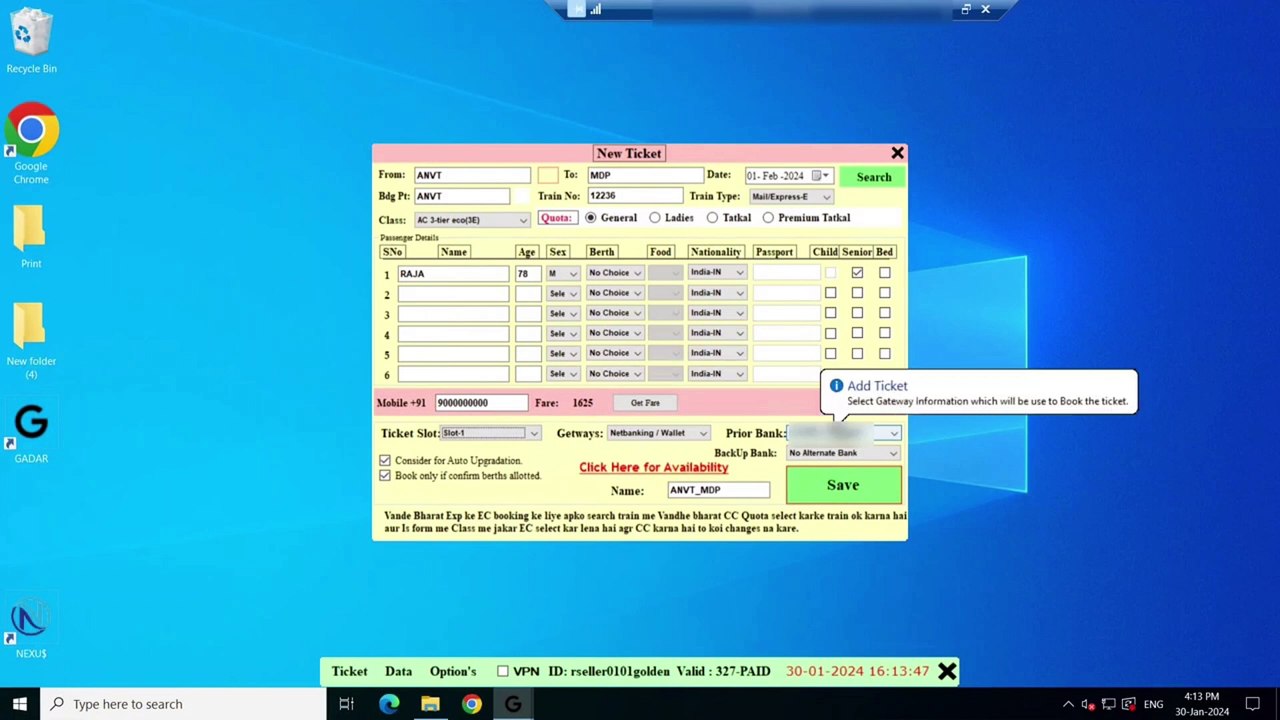 Sbi Net banking Automation in Gadar  For smooth Tatkal booking