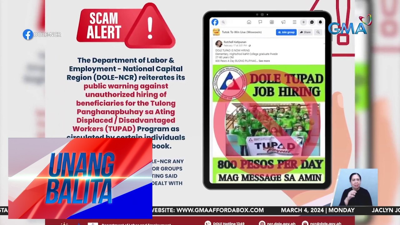 DOLE, muling nagbabala laban sa mga pekeng social media post tungkol sa TUPAD program | UB