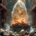 Produce an image prompt featuring a mythical crystal boiled egg surrounded by numerous everyday boil,Midjourney prompts