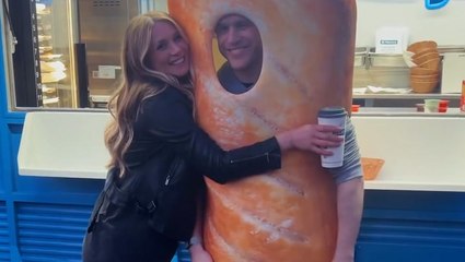 Olly Murs dresses up as a sausage roll to throw surprise Greggs-themed baby shower for wife Amelia