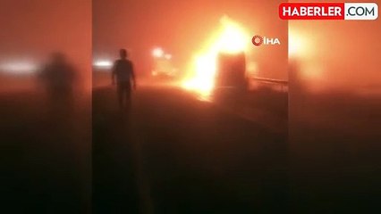 Destici'nin kaza yapan makam aracını taşıyan çekici alev alev yandı