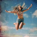 An image of a young woman jumping joyfully on the beach,Midjourney prompts