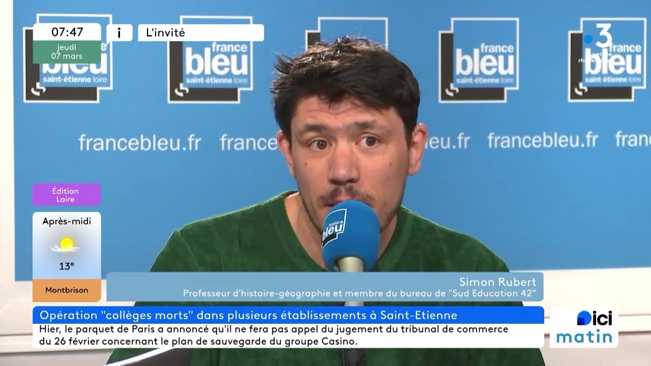 Les profs opposés aux groupes de niveaux : Simon Rubert, professeur d'histoire-géo au collège Honoré d'Urfé et membre du bureau Sud Education 42