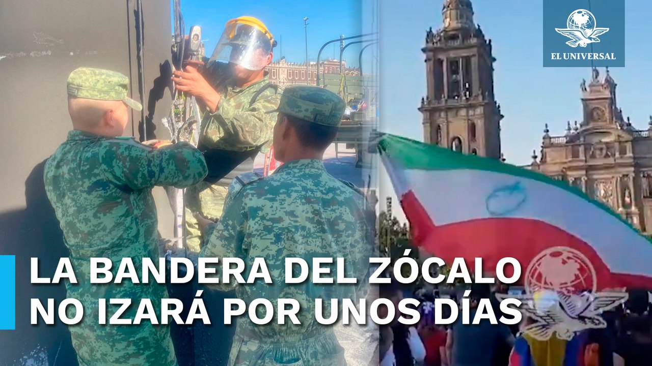 Militares reparan los daños al asta bandera del Zócalo de la CDMX