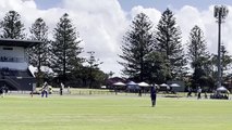 Caoimhe Bray hits a six to bring up a century in the Brewer Shield grand final