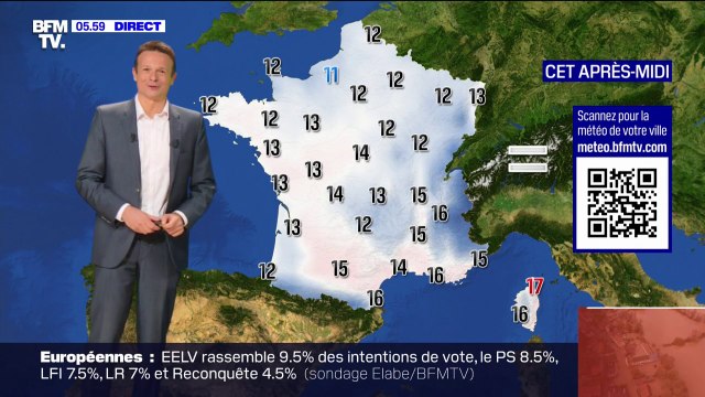 Un temps instable avec des averses ponctuelles, parfois orageuses, dans le sud-ouest et le sud-est de la France, avec des températures comprises entre 11°C et 17°C