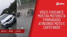 Vídeo chocante mostra motorista embriagado atingindo moto e capotando