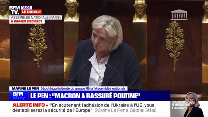 Soutien à l'Ukraine: "La meilleure ambiguïté stratégique, c'est le silence" indique Marine Le Pen, présidente du groupe RN à l'Assemblée nationale