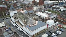 Aerial footage over West Bromwich Town Hall and Library, which is undergoing renovation work.
