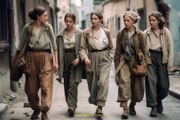 four european women with different hairstyles in khaki clothes walking through postapocalyptic city,Midjourney prompts