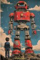 in the style of Steven Rhodes art make a retro poster of a robot standing on a boy,Midjourney prompts