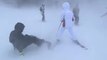 Skiers and Snowboarders Encounter Blizzard Atop Mammoth Mountain in California