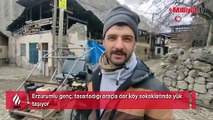 Erzurumlu genç, tasarladığı araçla dar köy sokaklarında yük taşıyor