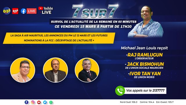 0:00 / 1:27:05 7 sur 7 : Michael Jean Louis reçoit l’observateur Raj Ramlugun, Jack Bismohum et Ivor Tan Yan.