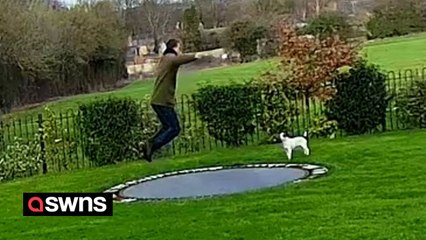 Mann geht direkt durchs Trampolin - und ins Wasserbecken