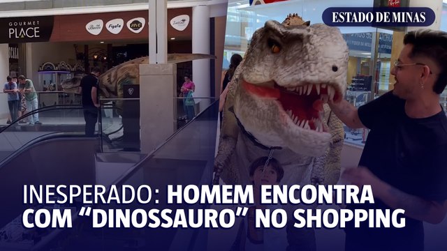 Homem fica encantado com dinossauro no shopping