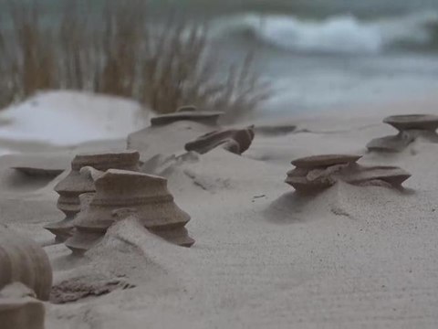 La sabbia ghiacciata sul lago Michigan forma delle torri