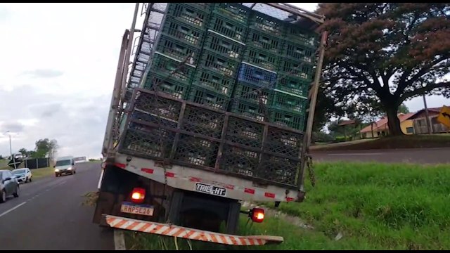 Caminhão carregado com frango sai da pista, atravessa canteiro e quase tomba na BR-467
