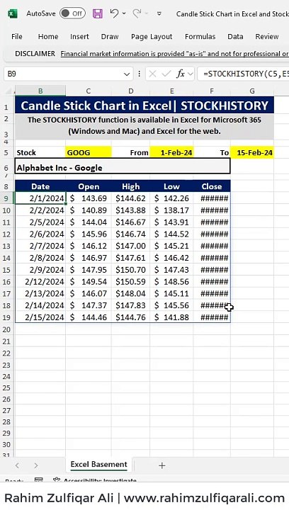 Candle Stick Chart in Excel 365 - STOCKHISTORY