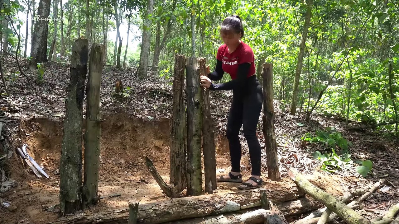 Build survival shelter in the wood, Bushcraft hut by dry tree ~~ Free Bushcraft