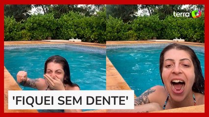 Mulher quebra três dentes ao mergulhar em piscina, e cena viraliza: 'Fica a lição'