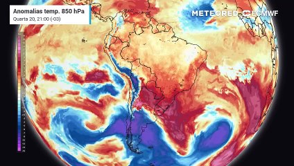 Previsão de anomalia de temperatura a 850 hPa até sábado (23)