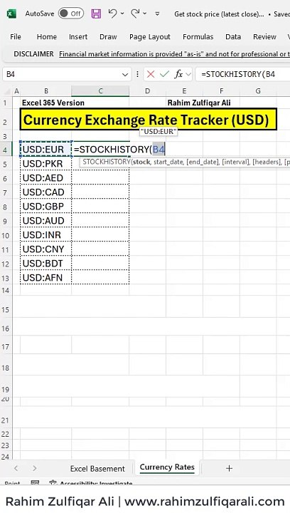Currency Exchange Rate Tracker (USD) Excel 365 and Google Sheets