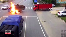 Sobrevive Motociclista a explosión despues de chocar con camion