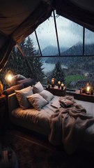 On a rainy day, cozy up in the plush luxury bed and gaze out at the serene natural view.